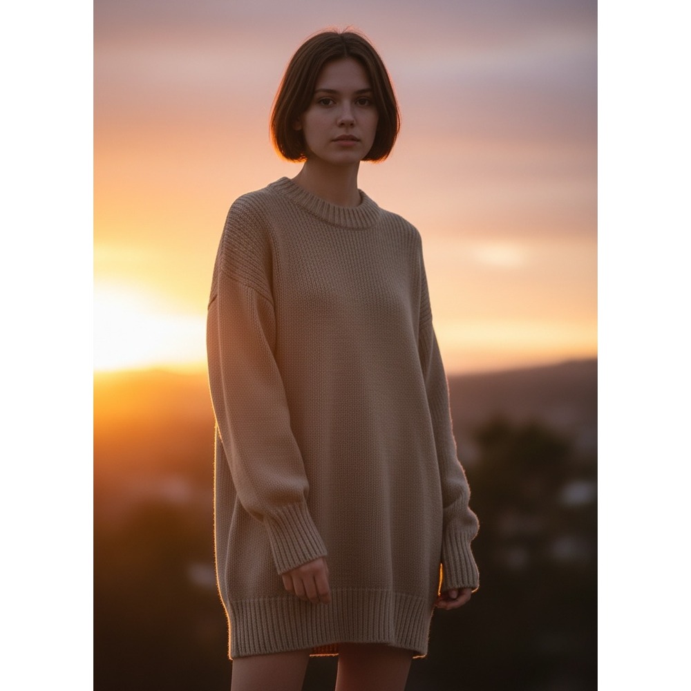 Topshop Sweater Tunic Dress XS Mushroom Excellent Oversized Chunky Knit Crewneck
